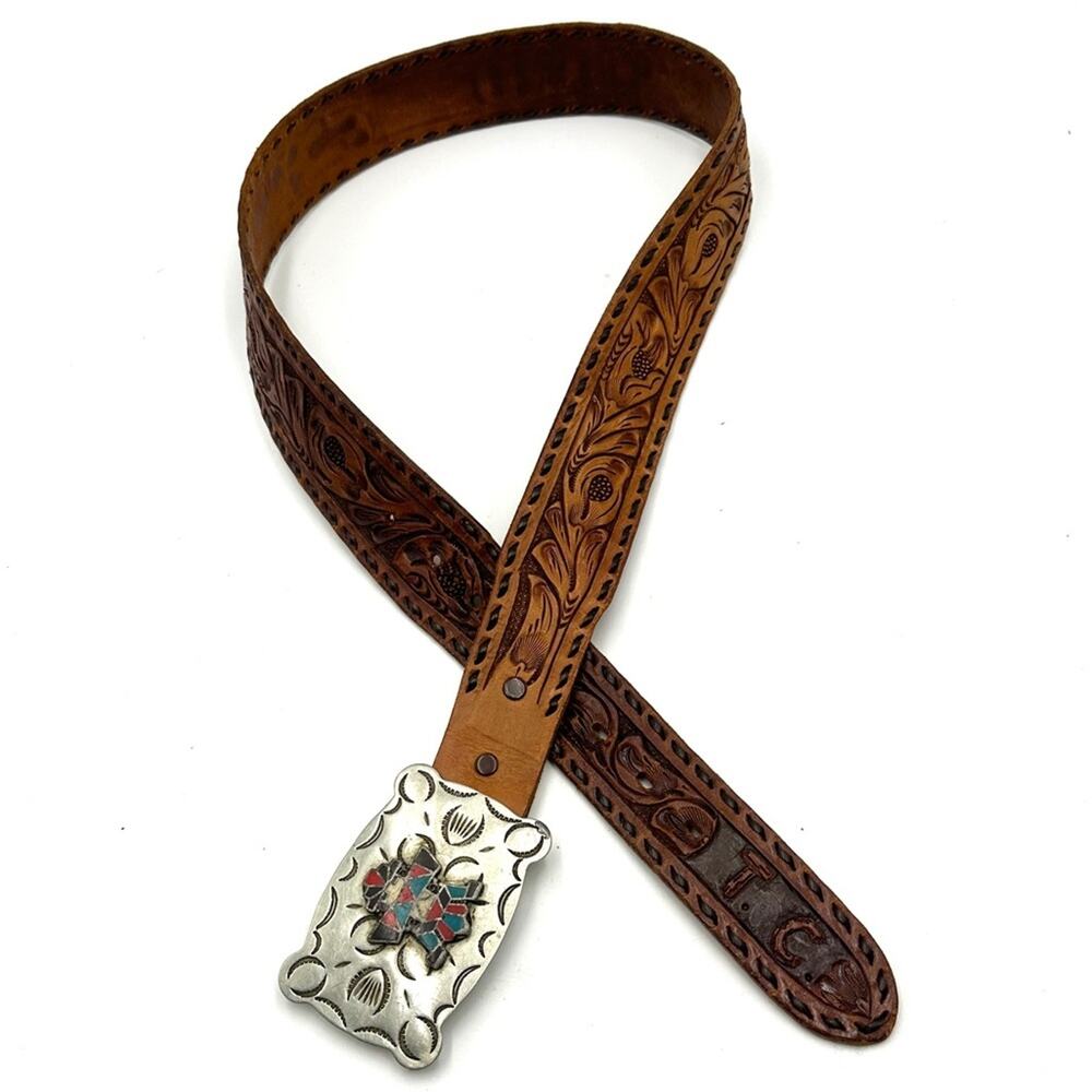 VTG -FRONTIER BUCKLE Native American vintage 70s Zuni Multi-Inlay Knifewing belt - Picture 3 of 14